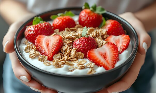 Delicious strawberry yogurt with granola held in hands for healthy breakfast