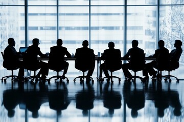 business meeting banner, team of executives discussing corporate  strategies around a conference table, minimal background with copy space