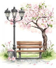 Naklejka premium Delicate watercolor artwork captures a spring landscape featuring a rustic bench beside a blooming cherry tree and vintage street lamp, all in soft pastel tones