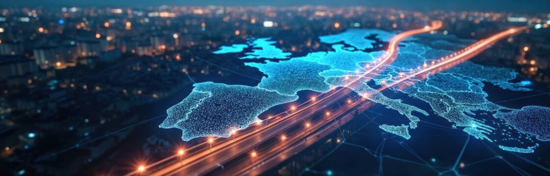 Global trucking business transformation illustration. Digitalized map of Europe with transportation routes for freight logistic business. Fleet management optimization tech, online shipment tracing