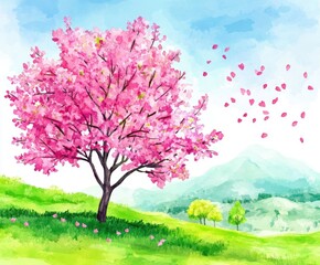 Fototapeta premium A delightful spring landscape showcases a flowering pink tree amidst lush green hills under a bright blue sky, creating a whimsical and serene atmosphere