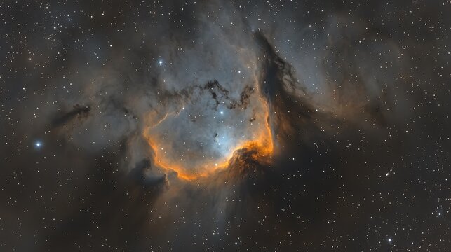A luminous celestial nebula and its surrounding starry background is shown