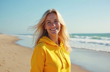 Naklejka premium Outdoor portrait of happy smiling blonde woman in yellow hoodie looking at camera on sea beach. Caucasian female 45 years old relaxes, enjoys vacation at sunny coast. Beautiful face close-up.