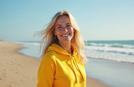 Outdoor portrait of happy smiling blonde woman in yellow hoodie looking at camera on sea beach. Caucasian female 45 years old relaxes, enjoys vacation at sunny coast. Beautiful face close-up.