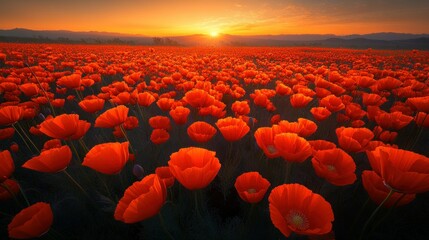 Sunrise over a vibrant poppy field