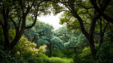 Obraz premium Lush Green Forest Canopy with Sunlight Filtering Through Dense Foliage Outdoors