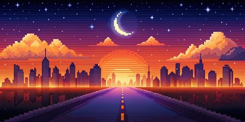 Naklejka premium Pixel Art Sunset Cityscape Game Background: Road, Stars, Moon, Gradient Sky