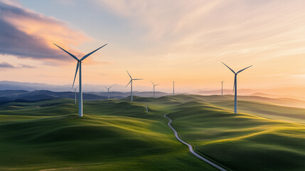 Wind turbines stand tall on rolling green hills during sunset, showcasing renewable energy in a serene landscape
