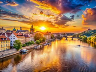 Fototapeta premium Prague Vltava River Sunset Waterfront - Scenic Cityscape View