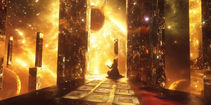 Cosmic Tarot Reading with Astrology, Numerology, and Esoteric Symbolism in a Mystical Celestial Setting