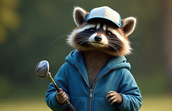 Raccoon in hoodie and cap holds golf club. Cute animal golfer winner. Happy champion with a look of satisfaction. Funny determined successful achievement illustration.