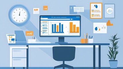 Modern Workspace Visualization: This digital illustration showcases a meticulously designed workspace, complete with a computer displaying insightful data visualizations.