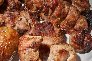 Skewered kebabs and homemade sausages in a white porcelain mold. Close-up.