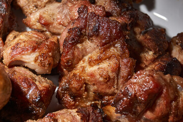 Skewered kebabs and homemade sausages in a white porcelain mold. Close-up.