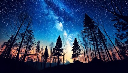幻想的な星星が輝く夜空と、木々のシルエット