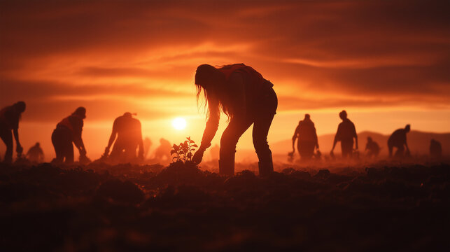 Community members engage in planting trees at sunset in a reforestation effort in the countryside