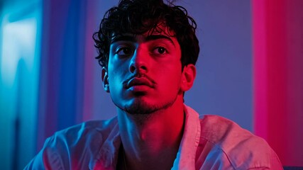 Young man with curly hair illuminated by vibrant blue and red lights in a modern indoor setting during evening