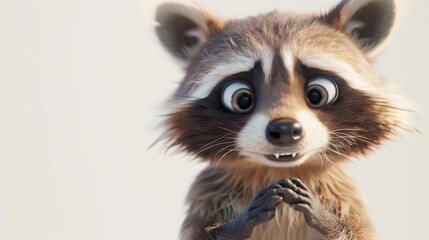 A sneaky-looking raccoon with wide eyes and tiny paws held up like it's been caught, positioned on a bright white background. Its striped tail adds character.