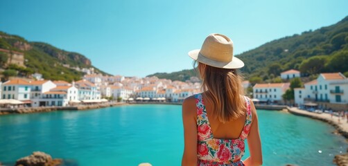 Obraz premium Back view of woman wearing sun hat, floral dress looking at Cadaques bay, Costa Brava in Spain. Girl tourist enjoys vacation. Travel destination with turquoise sea, white houses, mediterranean