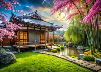 Fototapeta premium Serene Japanese Garden: Traditional Architecture & Lush Greenery