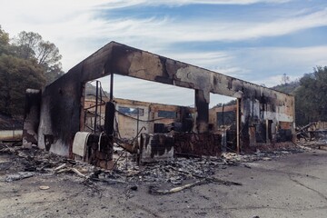 Aftermath of the LNU Lightning Complex wildfires in 2020  in Napa, California, USA. The image shows...