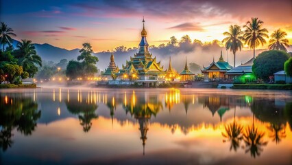 Serene Wat Chong Klang Temple on Lake, Mae Hong Son, Thailand - Sunrise Landscape Photography