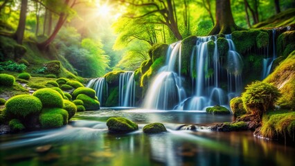 Serene Waterfall Glade: Miniature Tilt-Shift Photography