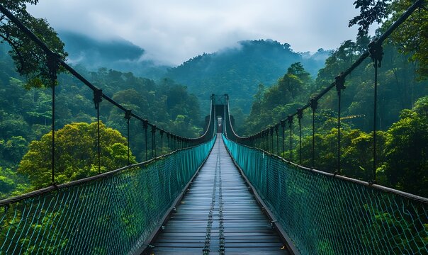 Fototapeta Suspension Bridge Journey: Traversing Lush Rainforest Canopy in Borneo
