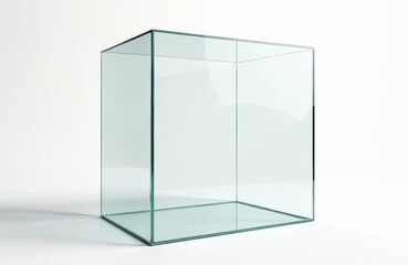 Glass box mockup on white background. Transparent display case for jewellery, cosmetics, electronics. Clean, simple, minimal, modern design. Elegant, luxury, premium item showcase. Three-dimensional