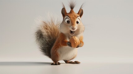 A squirrel holding a nut with an overly dramatic expression, standing upright on a clean white surface. 