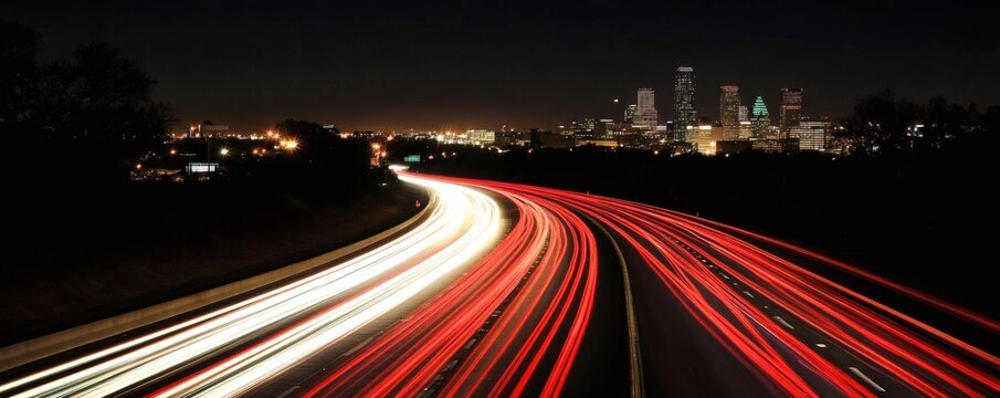 Highway traffic flows toward a city skyline at nighttime with streaks
