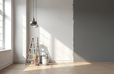 Bright room interior with wall half painted grey during home renovation. Ladder, paint buckets on wood floor. Modern apartment design remodel, refurbishment with copy space. Home makeover concept.