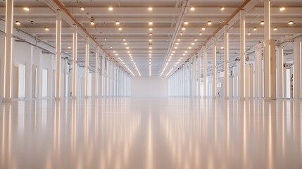Vast white warehouse interior, bright lighting