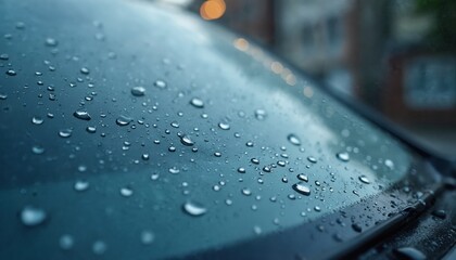 Close up of clean car windshield with water drops after rain, dew, water repellent treatment. Rainy day, water beading on auto glass. Macro photography of droplet with blurry background.
