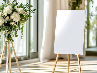 a minimalistic plain white wedding welcome sign with no text, white mockup, wooden stand, indoors with floor to ceiling windows, greenery and white flowers in the top, sunlight glowing
