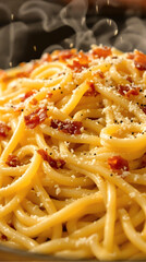 A close-up of creamy spaghetti carbonara with crispy bacon, grated cheese, and black pepper. generative ai