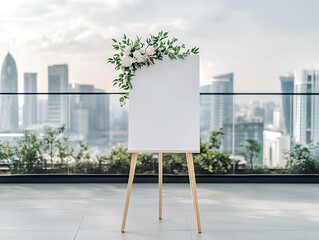 elegant blank wedding welcome sign with floral decorations in modern outdoor setting, white screen paper art painted vertical canvas mockup, city background