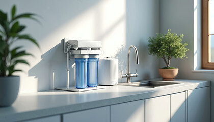 Home water filtration system on kitchen table. Water purification filter for clean, healthy water. Osmosis equipment for drinkable water. Modern purifier with faucet for household use. Mineral,