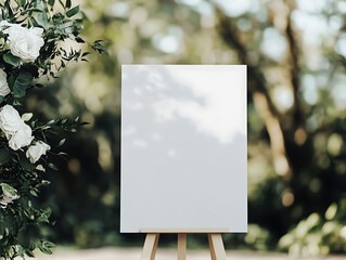 elegant blank wedding welcome vertical sign with floral decorations in modern outdoor setting, white screen paper art painted vertical canvas mockup, park forest background