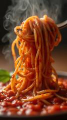 A close-up of  a  rich spaghetti marinara, glistening with seasoning, highlighting its vibrant red and golden textures. generative ai