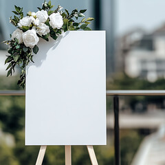 elegant blank wedding welcome sign with floral decorations in modern outdoor setting, white screen paper art painted vatical canvas mockup, city background, long view