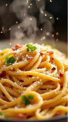A close-up of creamy spaghetti carbonara with crispy bacon, grated cheese, and black pepper. generative ai