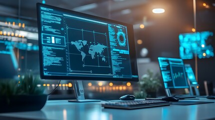 Fototapeta premium Cyber Command Center: Captivating image of a high-tech command center, displaying data-rich interfaces and glowing with a futuristic aesthetic.