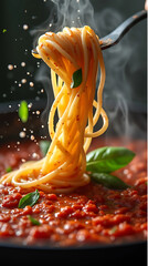 A close-up of  a  rich spaghetti marinara, glistening with seasoning, highlighting its vibrant red and golden textures. generative ai