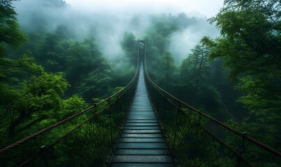 Fototapeta premium Suspension Bridge Through Lush Green Forest with Foggy Landscape