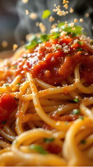 A close-up of  a  rich spaghetti marinara, glistening with seasoning, highlighting its vibrant red and golden textures. generative ai