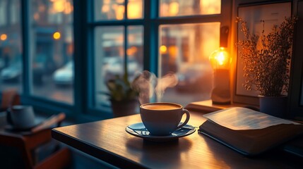 Cozy Cafe Sunset: Steam Coffee, Book, and Warm Evening Glow