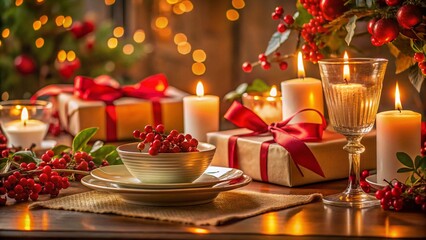 Thank You Note Day: Festive Gifts, Candles & Berries on Elegant Table