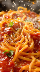 A close-up of  a  rich spaghetti marinara, glistening with seasoning, highlighting its vibrant red and golden textures. generative ai