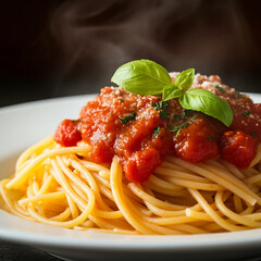 A close-up of  a  rich spaghetti marinara, glistening with seasoning, highlighting its vibrant red and golden textures. generative ai